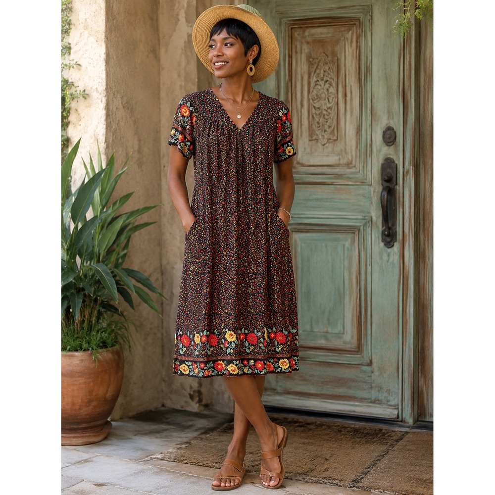 Womens small Black‎ Floral Rayon Shift Dress Short Sleeve Pocket boho cottage
